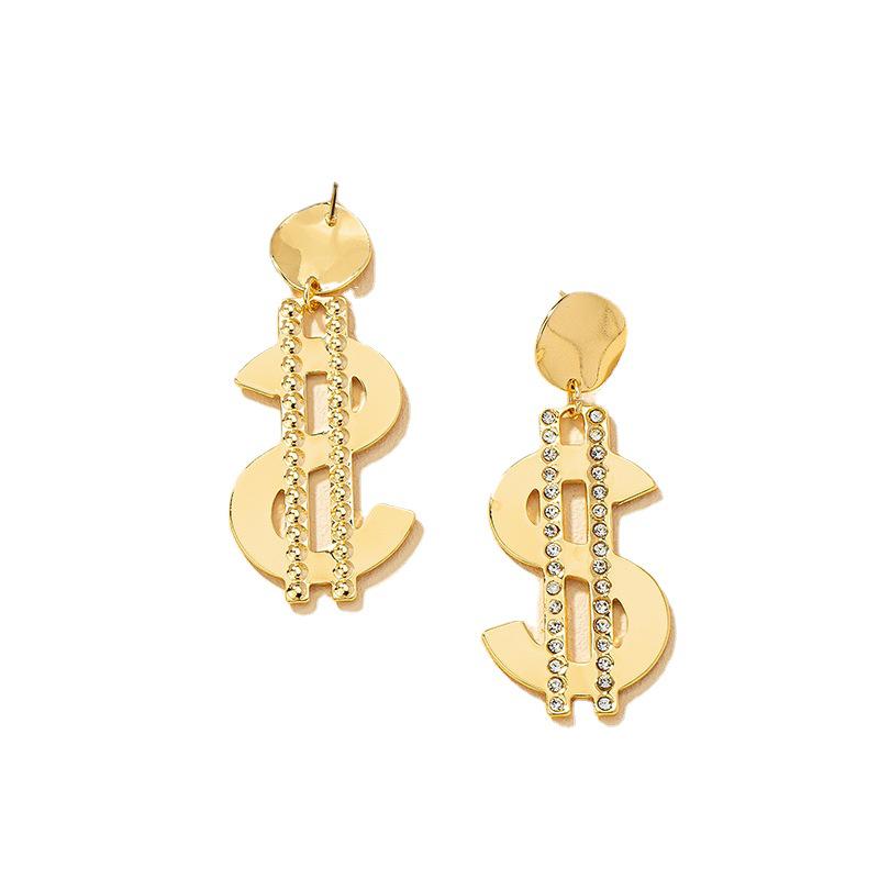 Exaggerated Rhinestone Dollar Sign Hip-Hop Earrings for Women – European & American Style