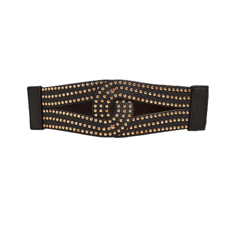Punk Style Rivet Wide Waist Seal, Dress with Versatile Elastic Elastic Waist Belt for Women