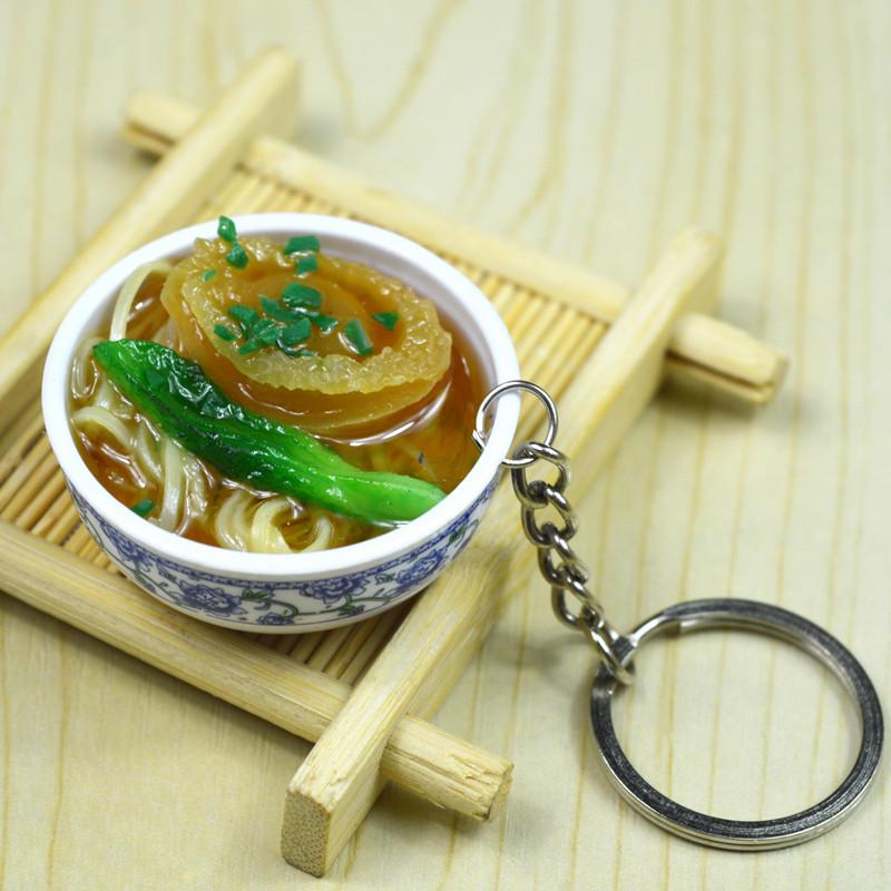 Chinese Style Realistic Noodle Keychain, 4cm Blue and White Porcelain Bowl, Food Play Prop.