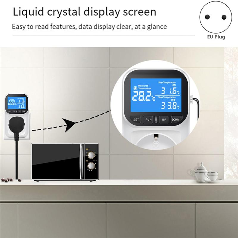AD23-Digital Temperature Controller Socket Outlet Thermostat With Sensor Probe Heating Cooling Switch Backlight EU Plug