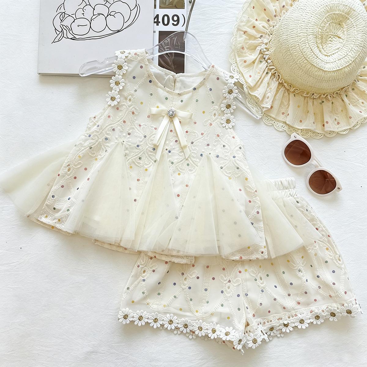 Girls Summer Daisy Embroidered Mesh Top And Polka Dot Shorts Set Kids Sleeveless Two Piece Outfit 90cm