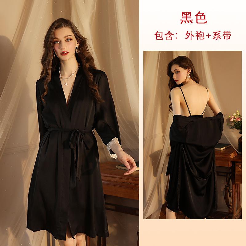 Feiyun's new satin pajamas women's cuffs splicing sexy lace lace-up pajamas bathrobes loungewear 111