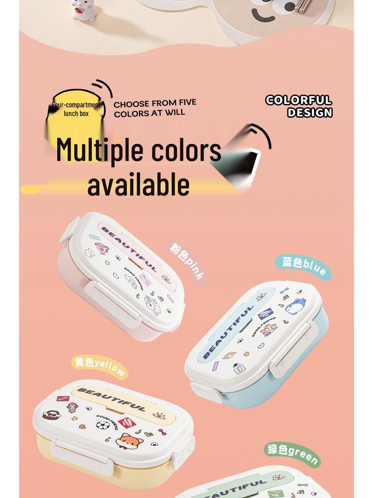 Boîte à lunch Bento pour enfants, à couvercle rabattable, en acier inoxydable 316, compatible micro-ondes, avec compartiments pour les aliments, à décorer soi-même et décorée de dessins animés.