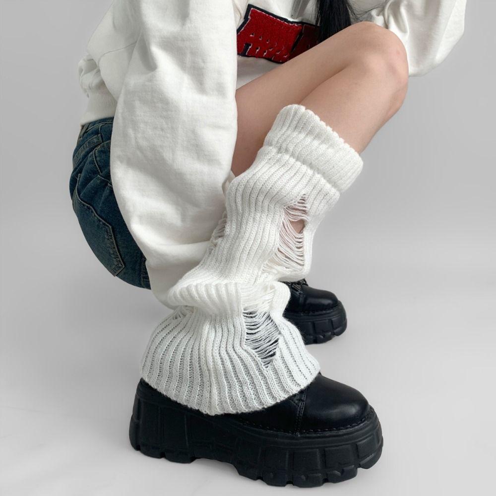Ripped Leg Warmers Women Subculture Mid Tube Socks Preppy Knitted Broken Hole Socks  Streetwear
