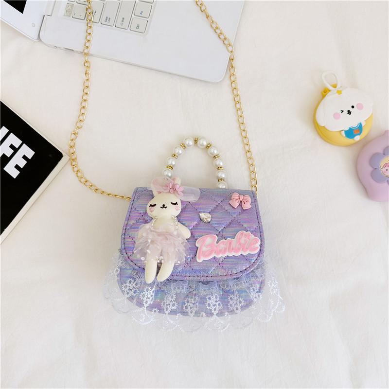 Charming Girls  Mini Chain Crossbody Bag With Rabbit Pattern And Pearl Handle Purple