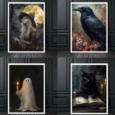 Dark Academy Art Poster da parete Victoria Crow Strega Fantasma Gatto nero Halloween Sfondo Decorazione Immagine gotica Stampa Regali di festa Pittura su tela
