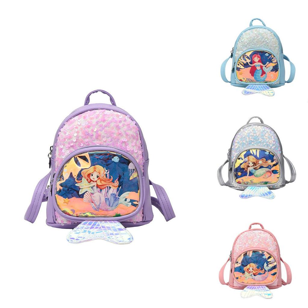 Kids Mermaid Backpack Pu Glitter Sequin Cartoon Girls School Bag For Girls