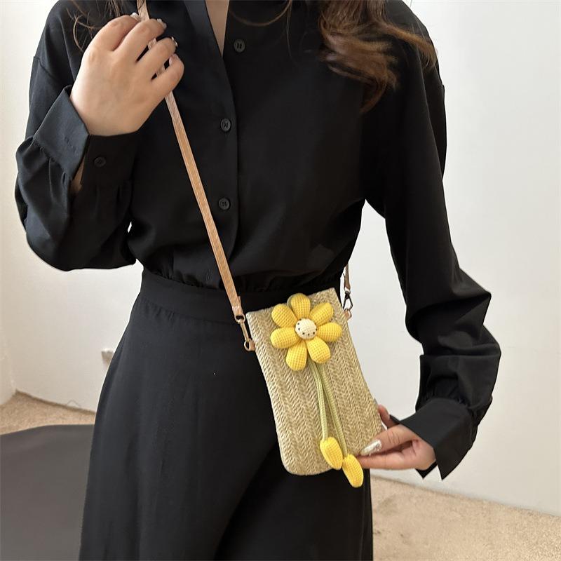 Flower woven bag with simple texture and new trend summer mobile phone bag women's bag shoulder messenger bag