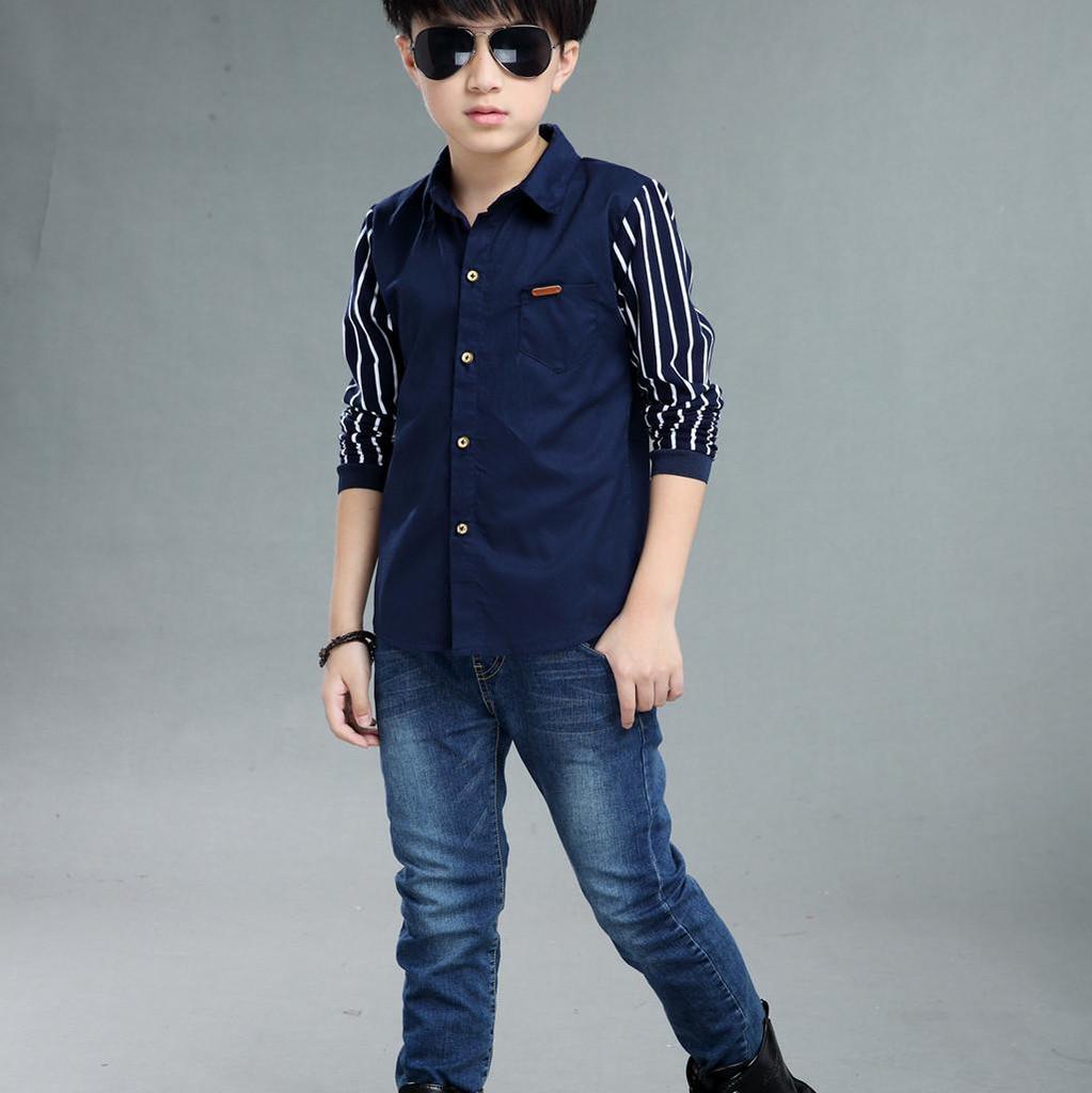 Teenager Baby Kinder Jungen Langarm Streifen Verschluss Gentleman Hemd Tops Kleidung