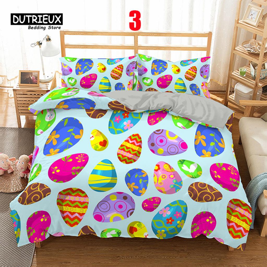Soft Easter Eggs Bedding Set 3D Print Rabbit Cartoon Eggs Duvet Cover Polyester Pillowcase Greetings and Presents For Easter Day