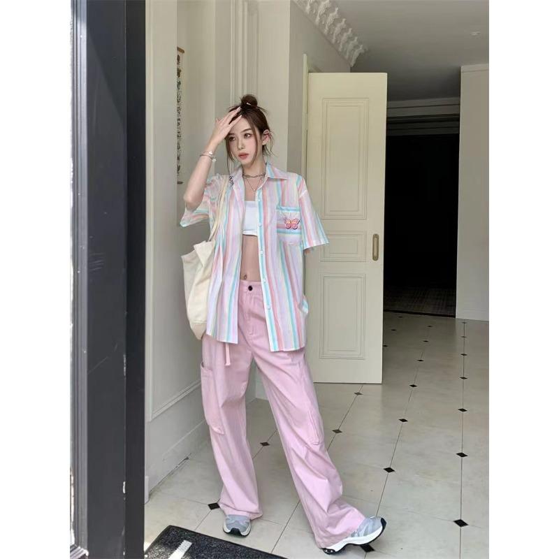 Women's Fashion Short Sleeve Shirt Striped Contrast Color Tops Butterfly Embroidery Detail Lady Lightweight Casual & Workwear Blous