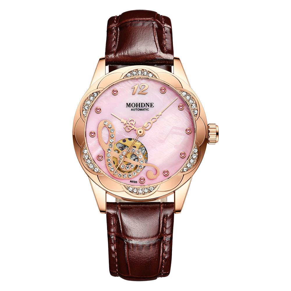 Orologio da donna con temperamento di lusso leggero, orologio meccanico automatico da donna, impermeabile, con cinturino rosso