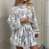 Women Elegant High Waist Tied Printed Long Sleeve A Line Short Dress
