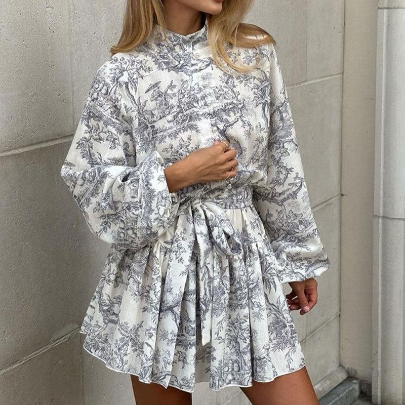 Women Elegant High Waist Tied Printed Long Sleeve A Line Short Dress