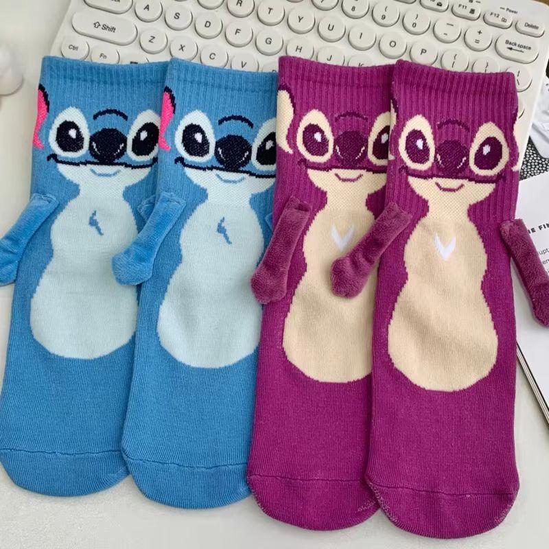 Anime Stitch Magnet Hand In Hand Socks Funny Soft Cotton Cartoon Creative Autumn And Winter Warm Mid-Calf Socks Christmas Gifts