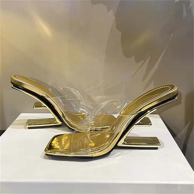 Eilyken PVC Transparent Women Sandals Design Style Fretwork High Heels Square Toe Shoes Summer Gold Silver Banquet Pumps