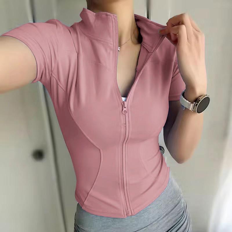 Summer High Quality Waist Slimming Training Tops Women's Quick-drying Tight Stand Collar Full Zipper Short Sleeves Yoga Shirts