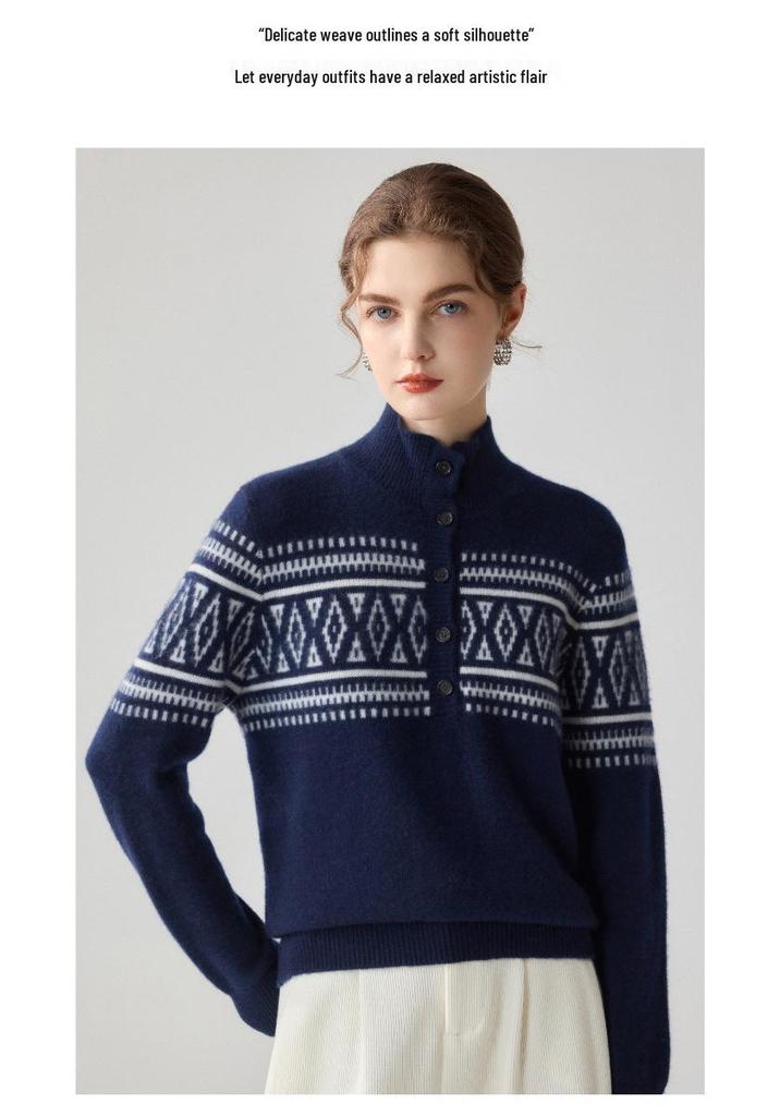 Women's Ethnic Style Fair Isle Jacquard Cashmere Half-Zip Sweater - Loose, Thick Winter Knit Top