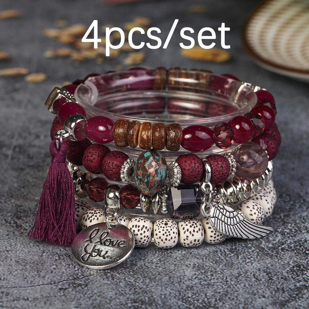 Bohemian Beaded Bracelet Set with Wing Pendant and Tassels