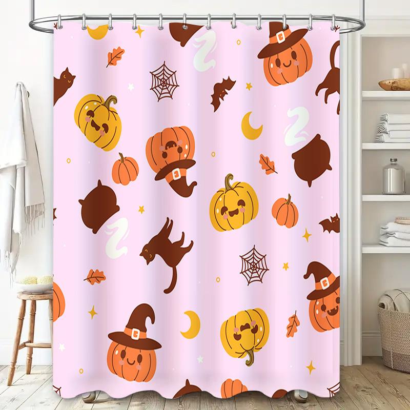 Charming Halloween-themed Shower Curtain Set with Pumpkin Witch Hat Patterns for Bathroom Decorations Pink Background, Size 180c