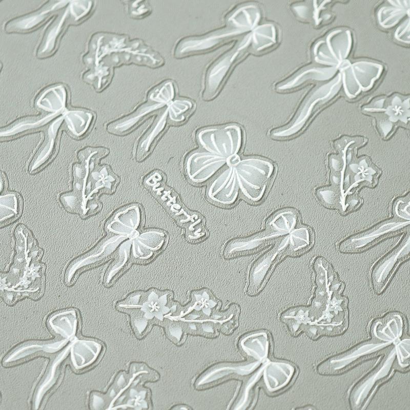 5Pcs 5D Nail Art Stickers Self Adhesive White Lace Bow Flower Embossed Design For Home Diy Manicure Nail Salon Use