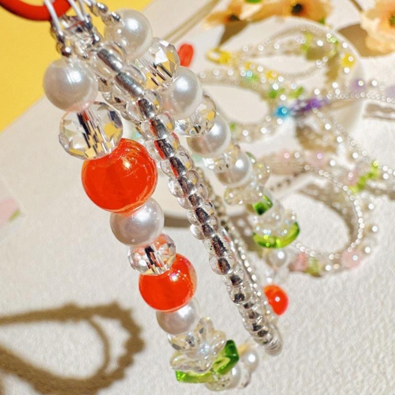 Double Layer Flower Beaded Pendant Phone Charm Hanging Rope Cute Phone Chain Strap Bag Decoration Keychain Accessories