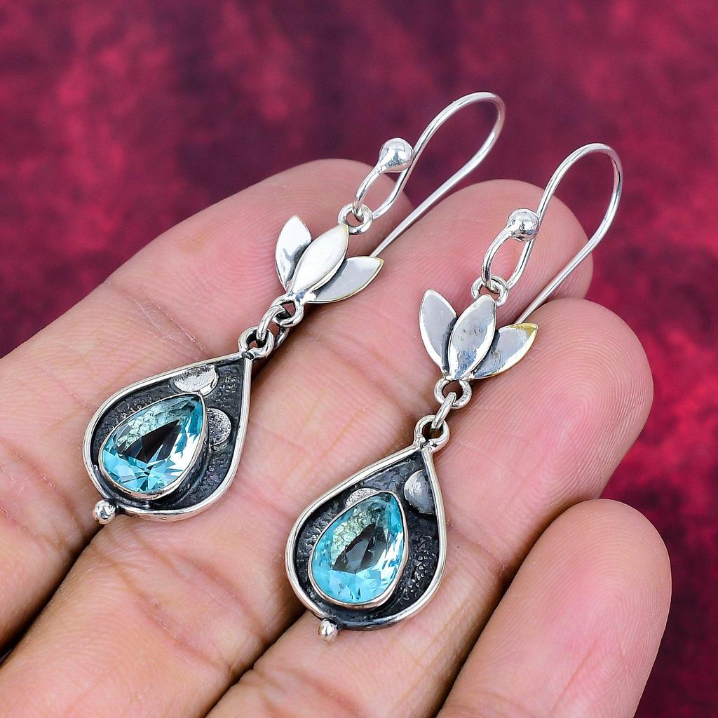 Swiss Blue Topaz 925 Solid Sterling Silver Earrings, Handmade Gemstone Jewelry Earrings For Memorial Day