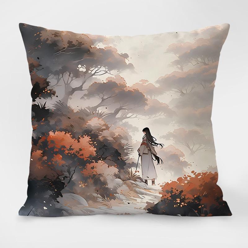 Landscape Painting Retro Pattern Decorative Pillowcase Living Room Bedroom Square Cushion Pillowcase