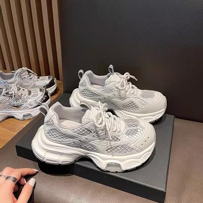 New Summer Light 5 Shock Absorption Thick Sole Leather Breathable Mesh Sports Leisure Dad Shoes Tide