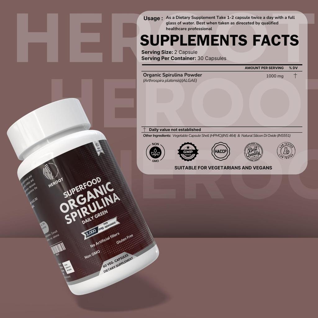Heroot Spirulina 1000mg Veg Capsules | 100% Pure Algae Powder | 60 Capsules