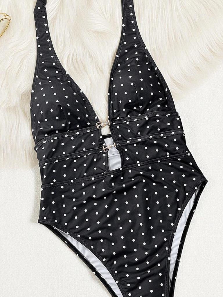 Women's Polo-dot High Waist Sexy Halter One Piece Swimsuit Beachwear