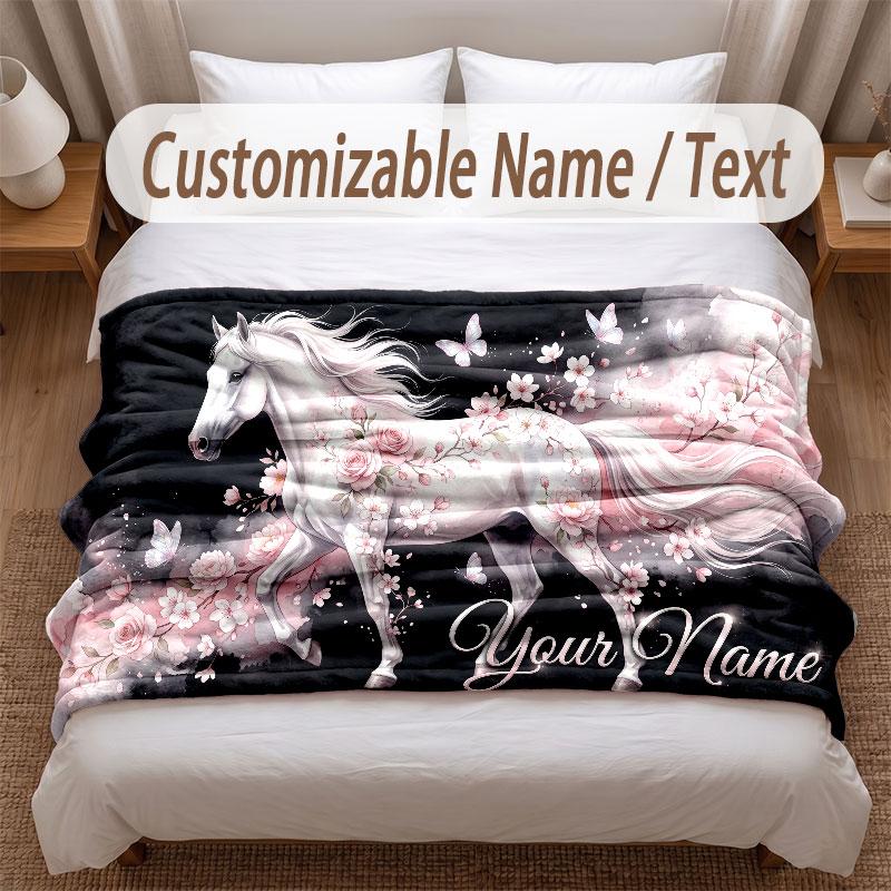 Horse Theme Soft Blanket Personalized Custom Name Text Print Warm Blanket Home Sofa Bedroom Decor