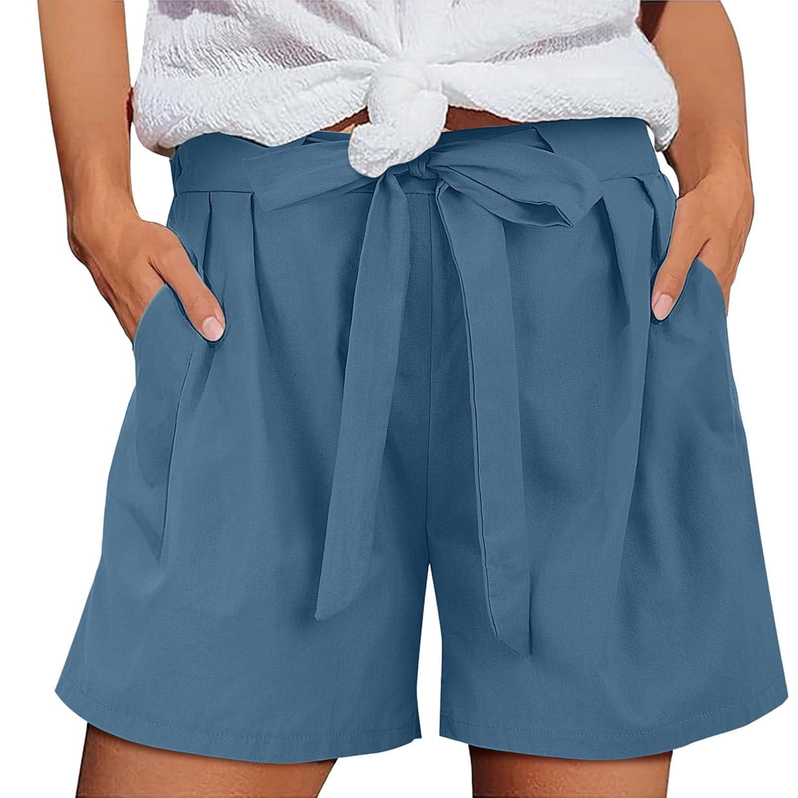 Women s Fashionable Color Pocket Strap Elastic Waist Cotton And Linen Shorts XL