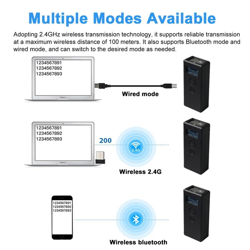 Portable 2D Barcode Scanner 2.4G Wireless Bluetooth Handheld Mini 1D 2D QR Code Scanners With Storage Functio for Android IOS