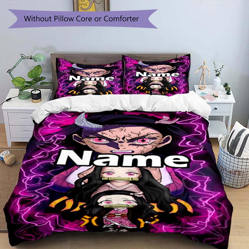 Set cuvertură de pilota 3 buc (1 * Husă de pilota + 2 * Față de pernă, Fără Miez), Set de așternut personalizat cu nume și model Demon Slayer, Cadou pentru Decorarea Dormitorului de Acasă