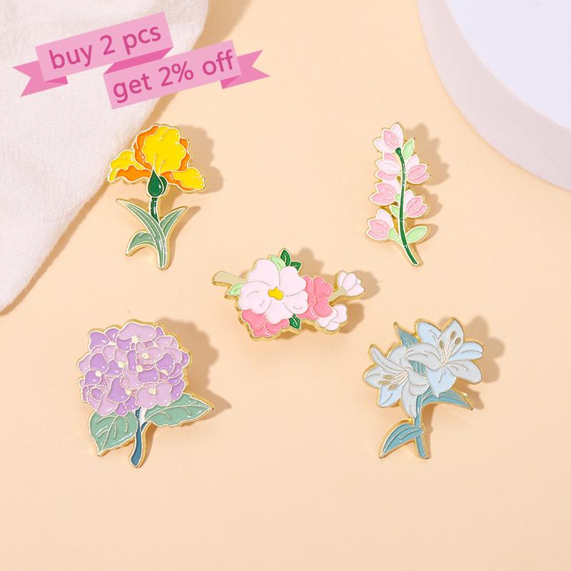 Month Flowers Enamel Pins Iris Lily Hydrangea Peach Blossom Brooch Lapel Badge Cartoon Plant Jewelry Gift for Kids Friends