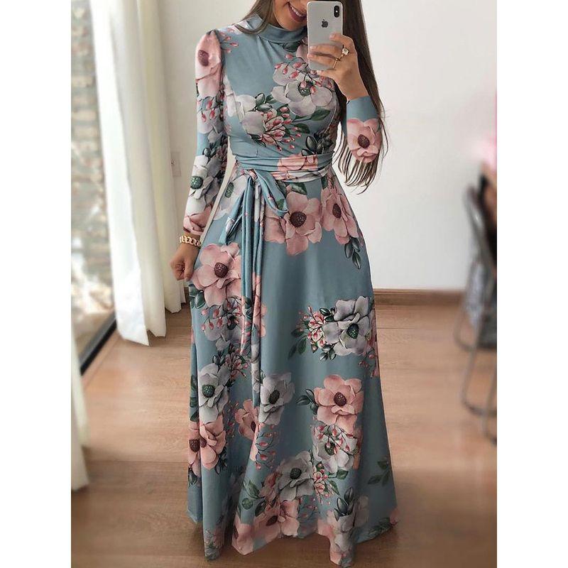 

Amazon EBay Autumn and Winter Fashion Style Street Crew Neck Casual Printed Lace up Maxi Dress Women s Clothing Long Sleeves Blue M