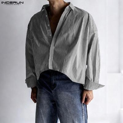 Oversized Men Casual Loose Long Sleeve Striped Print High Low Button Shirts Tops