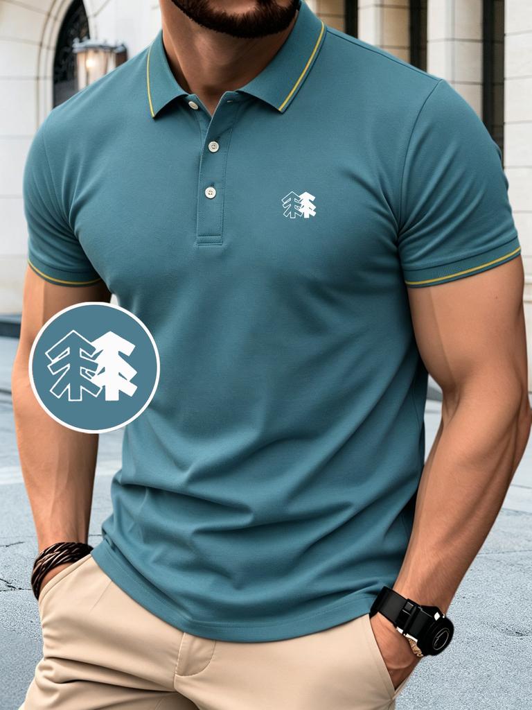 Men's Casual Polo Shirt with Pattern Print - Breathable & Short Sleeve Label Golf Shirts for Business Casual Daily Wear