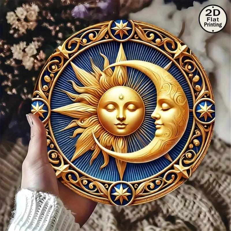 Retro Sun Moon Wall Art Metal Tin Sign Golden Blue Home Bar Decor