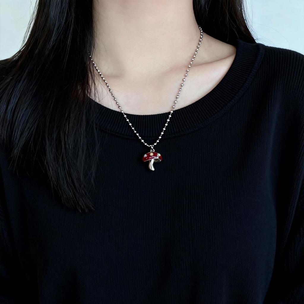 Niche Design Enamel Dripping Oil Red Small Mushroom Pendant Black Agate Beaded Necklace High-End Light Luxury Accessories