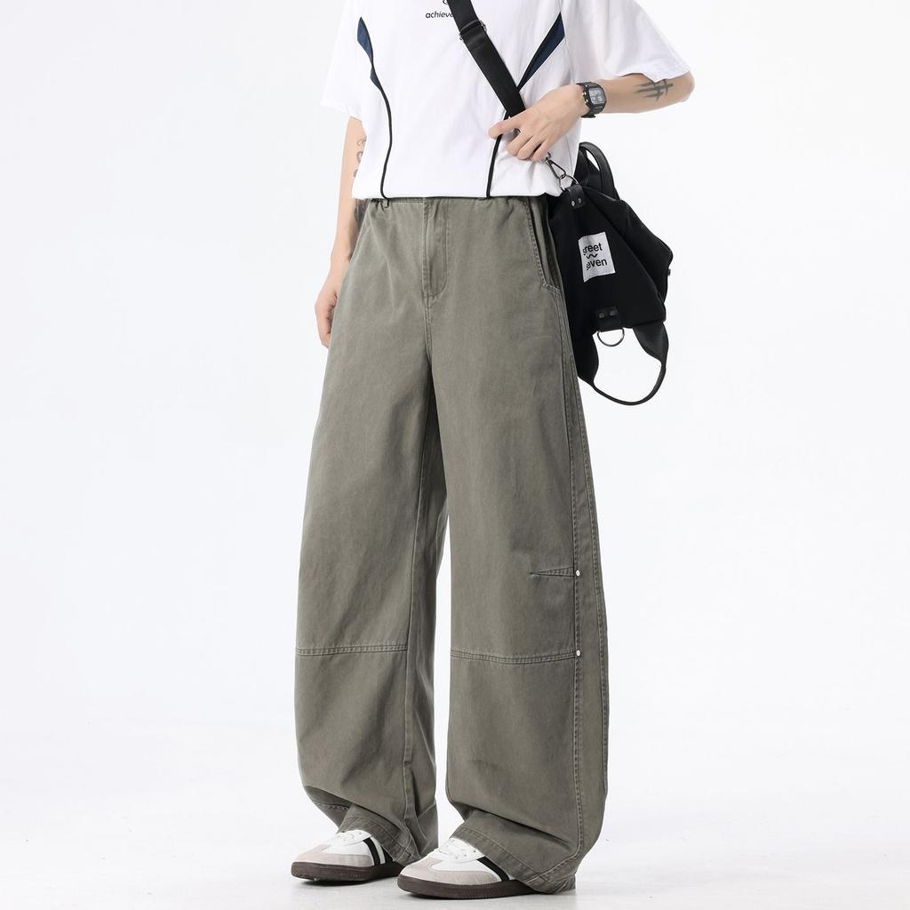 Spring and Summer New European and American Retro Splicing Ivory Apricot Scimitar Loose Straight Casual Pants Men's Pants