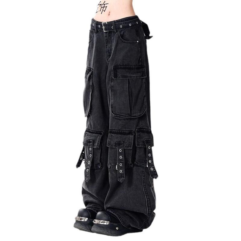 Women Y2k Retro Mutil Pockets Cargo Jeans Vintage Gyaru Female Denim Trousers Pants Pantalones