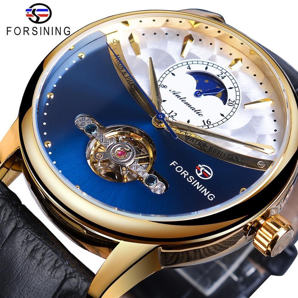 Forsining Luxury Automatic Mechanical Watches Mens Sun Moon Phase Tourbillon Watch Waterproof Men Wristwatch