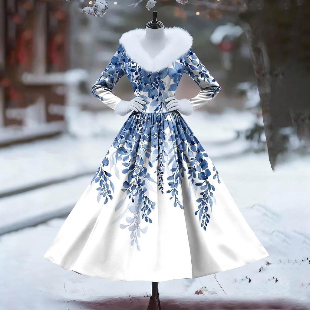 Women's Casual Dress Long-Sleeve V-Neck Patchwork Fleece Christmas Print Dress