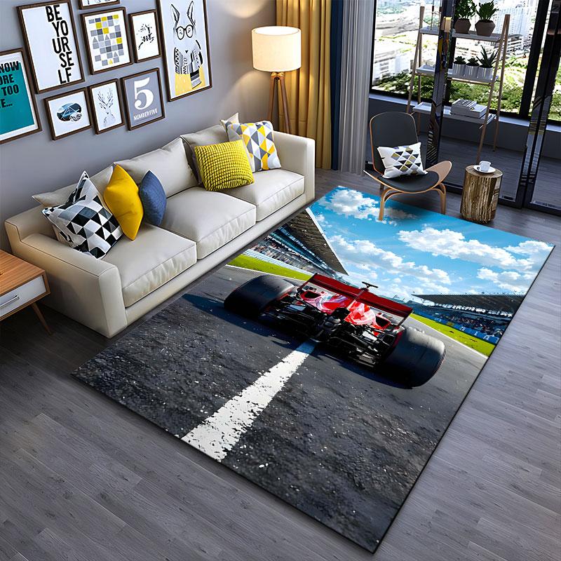 Red Race Car on Track Carpet suitable as a non-slip mat for the living room or bedroom sofa
