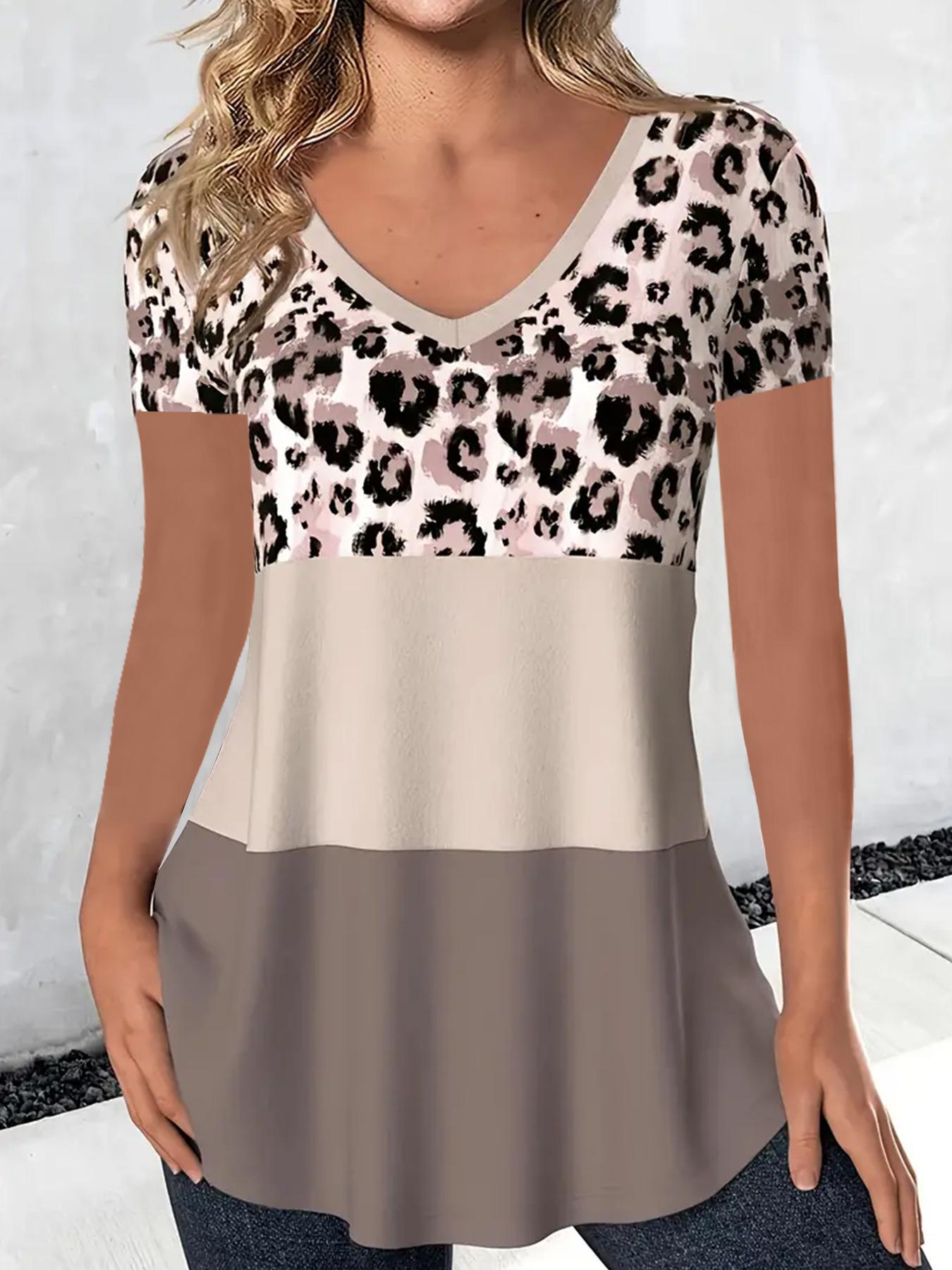 

Женская модная футболка с леопардовым принтом, свободные удобные рубашки с короткими рукавами, повседневные футболки с v-образным вырезом, топы больших размеров 5XL серый