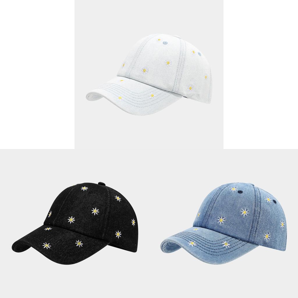Embroidered Daisy Flower Denim Baseball Hat With Sunshade For Casual Day Out