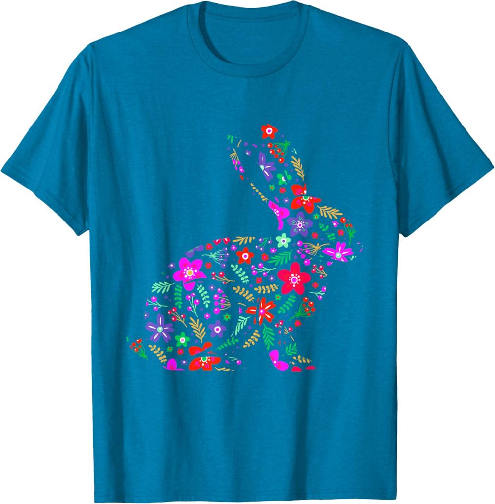 Floral Easter Bunny Rabbit Silhouette Spring Flowers Graphic T-Shirt Men Casual Trip