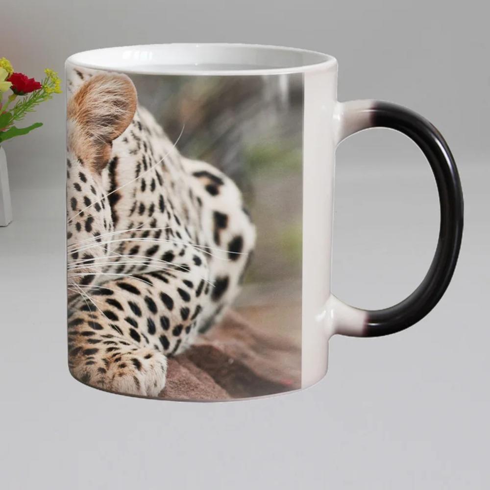 Zvířecí hrnek citlivý na teplo, Keramický magický měnící barvu čajový šálek, Vánoční dárek, Leopard, 11oz